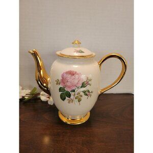 Vintage Kingwood China USA Rose Floral Coffee Teapot & Lid With Gold Trim 7"